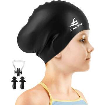 Kids Long Hair Swim Cap,Silicone Swimming Cap for Girls Boys,Waterproof Swim Hats with Ear Plugs & Nose Clip