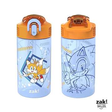 Zak Designs Sonic Kids' 2-Pack Leak-Proof Water Bottles With Straw, Handle and Pop-Up Spout Cover