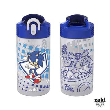 Zak Designs Sonic Kids' 2-Pack Leak-Proof Water Bottles With Straw, Handle and Pop-Up Spout Cover