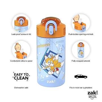 Zak Designs Sonic Kids' 2-Pack Leak-Proof Water Bottles With Straw, Handle and Pop-Up Spout Cover