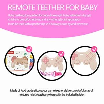 Cool Remote Game Control Teething Toy for Babies 0-6 6-12 Months,Game Controller Teether for Gamer Parents,Baby's First Valentines Day Gifts,Silicone Remote Chew Toys（Pink