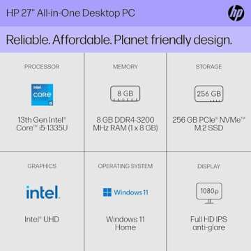 HP 27-inch All-in-One Desktop Computer, Intel Core i5-1335U, 8GB Memory, 265GB SSD (27-CR0006) (Renewed)