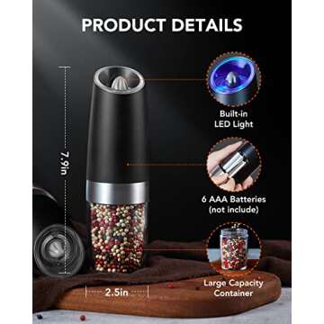 FORLIM Gravity Electric Salt and Pepper Grinder Set, Automatic Pepper Grinder Shakers Mill, Upgraded Batteries Powered Adjustable Coarseness with LED, One Hand Operation Perfect for Kitchen(Black)