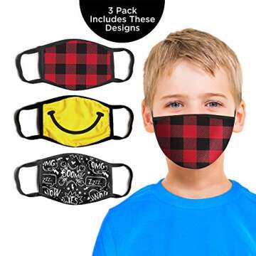 ABG Accessories Boys' 3-Pack Fashionable Protection, Reusable Fabric Face Age 3-7 Masks for Kids, Smile Design, 3 Count (Pack of 1)