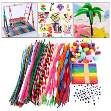 Assorted Arts and Crafts Supplies for Kids Girls Ages 6 7 8 9 10, Pipe Cleaners, Letter Beads, Pom Poms,Glue,Sticks,Wiggle Googly Eyes,All in One Toddler Crafts Set for School Projects DIY Activities