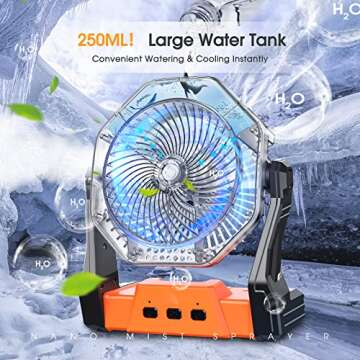 Ausic Camping Fan, Misting Fan Portable with Light & 250ml Water Tank, 10000mAh 8 Inch Battery Operated Rechargeable Fan, Cooling Fan with Hook, Outdoor Fans for Patios, Tents, Travel, Beach