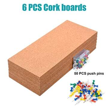 SUNGIFT Cork Bulletin Board 1/2" Thick Cork Boards 6 Pack Frameless Cork Tiles, 17 x 8 Inch, Self-Adhesive Corkboards Wall Decor with 50 PCS Pushpins for Office, School and Home