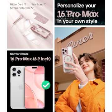 Meifigno Designed for iPhone 16 Pro Max Case 6.9", [Glitter Card & Wrist Strap] [Compatible with MagSafe] [2X Screen Protectors] Surround Raised Lens Protection Designed for 16 ProMax Case, Rose Gold