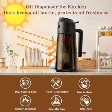 OURCABECUE Kitchen Upgraded Made Oil Sprayer for Cooking, Dark Brown 2 in 1 Spray and Pour Olive Oil Dispenser 16oz 470ml Glass Oil Spray Bottle, Mist Olive Oil Dispensing, Air Fryer