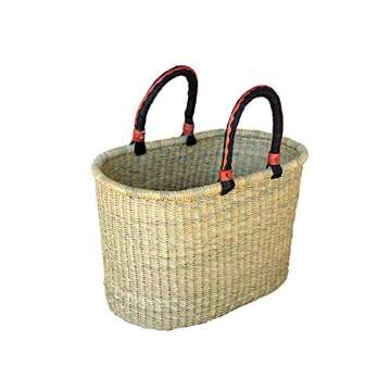 African Market Basket, Large Oval Woven Straw Basket with Handle Fair Trade Storage Organizer