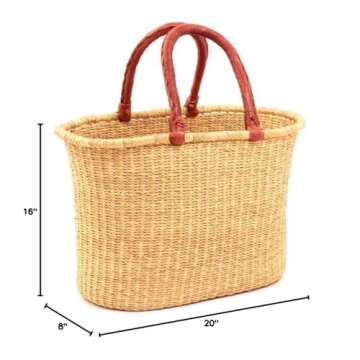 African Market Basket, Large Oval Woven Straw Basket with Handle Fair Trade Storage Organizer