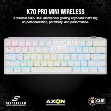 Corsair K70 PRO Mini Wireless RGB 60% Mechanical Gaming Keyboard - Fastest Sub-1ms Wireless, Swappable Cherry MX Red Keyswitches, NA Layout, QWERTY - White (Renewed)