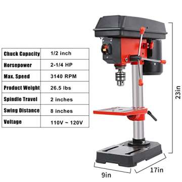 FYFAY 3-Amp 8-Inch Drill Press, 5-Speed Benchtop Drill Press with Beveling Work-table, 120V 2-1/4HP Tabletop Drilling Machine for Wood, Plastic, Metal, 2-inch Spindle Travel, 8-inch Swing Distance