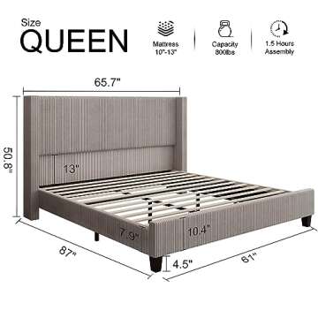 HOWE Queen Size Upholstered Platform Bed Frame, Wingback Bed with 50.8" Headboard, Corduroy/Solid Wood Leg/No Box Spring Needed/Noise Free/Taupe