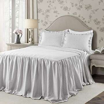 Lush Decor Lush Décor Ticking Stripe Bedspread Gray Vintage Chic Farmhouse Style Lightweight 3 Piece Set Queen,