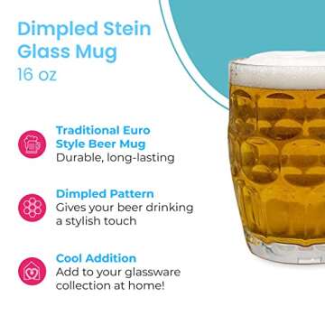 LavoHome Classic European Style Glass Stein Mug - Great for Oktoberfest Parties, Juices & Other Beverages, 16 oz Capacity - German Beer Mugs, Beer Steins for Men & Women - Single Mug