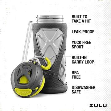 ZULU Torque 2 Pack 16oz Plastic Kids Water Bottle with Silicone Sleeve and Leak-Proof Locking Flip Lid, Soft Touch Carry Loop for School Backpack, Lunchbox, BPA-Free Dishwasher Safe, Grey/Green