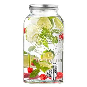 Royalty Art Mason Jar Glass Drink Dispenser for Parties, Holidays, and Events with Wide-Mouth Top and Easy Pour Spigot, Serve Cold Tea, Water, and Lemonade, 1 Gallon (With Stand)