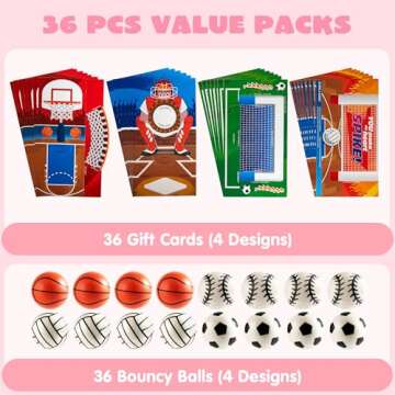 JOYIN 36 Pcs Valentine’s Day Sports Game Cards with Soccer Football Volleyball Basketball for Kids Valentine's Classroom Exchange Prizes, Valentines Games Toys for Party Favor Supplies