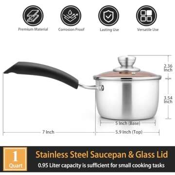 P&P CHEF 1 Quart Saucepan, Stainless Steel Saucepan with Lid, Small Sauce Pan for Home Kitchen Restaurant Cooking, Easy Clean and Dishwasher Safe