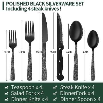 Black Hammered Silverware Set, 24-Piece Stainless Steel Square Flatware Set with Steak Knives for 4, Food-Grade Tableware Cutlery/Utensil Sets for Home Restaurant, Mirror Finish, Dishwasher Safe