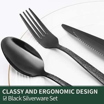 Black Hammered Silverware Set, 24-Piece Stainless Steel Square Flatware Set with Steak Knives for 4, Food-Grade Tableware Cutlery/Utensil Sets for Home Restaurant, Mirror Finish, Dishwasher Safe