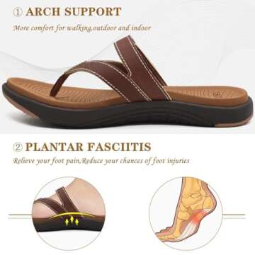 COFACE Womens Orthotic Flip Flops Ladies Slip On Athletic Yoga Mat Cushion Leather Thong Sandals Summer Beach Pool Wide FlipFlops Sandles Comfort Plantar Fasciitis Arch Support Brown Size 8