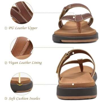 COFACE Womens Orthotic Flip Flops Ladies Slip On Athletic Yoga Mat Cushion Leather Thong Sandals Summer Beach Pool Wide FlipFlops Sandles Comfort Plantar Fasciitis Arch Support Brown Size 8