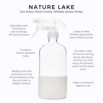 Nature Lake Glass Spray Bottles | 3 Pack | 16oz Refillable & Reusable Premium Container with Trigger Sprayers | Mist and Stream | All Purpose | Clear with Silicone Sleeves