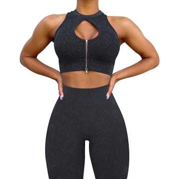 OLCHEE Womens Workout Sets 2 Piece - Seamless Ribbed Acid Wash Yoga Outfits Leggings and Keyhole Zip Crop Top Bra Gym Clothes