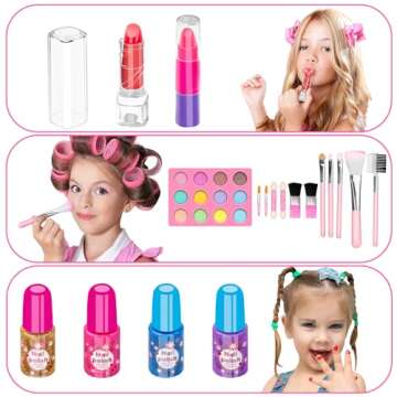 Hollyhi 58 Pcs Kids Makeup Kit for Girl, Princess Toys Real Washable Cosmetic Set with Mirror, Kids Makeup Sets for Girls, Play Make Up Birthday Gifts for 3 4 5 6 7 8 9 10 11 12 Years Old Kid (Pink)