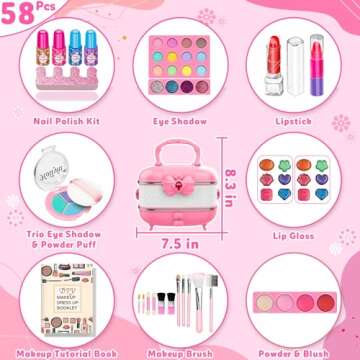 Hollyhi 58 Pcs Kids Makeup Kit for Girl, Princess Toys Real Washable Cosmetic Set with Mirror, Kids Makeup Sets for Girls, Play Make Up Birthday Gifts for 3 4 5 6 7 8 9 10 11 12 Years Old Kid (Pink)