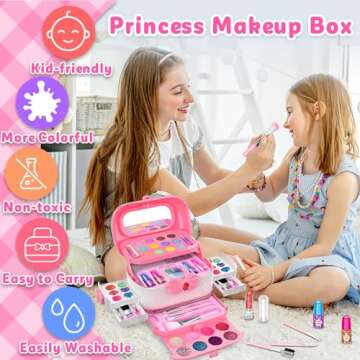 Hollyhi 58 Pcs Kids Makeup Kit for Girl, Princess Toys Real Washable Cosmetic Set with Mirror, Kids Makeup Sets for Girls, Play Make Up Birthday Gifts for 3 4 5 6 7 8 9 10 11 12 Years Old Kid (Pink)