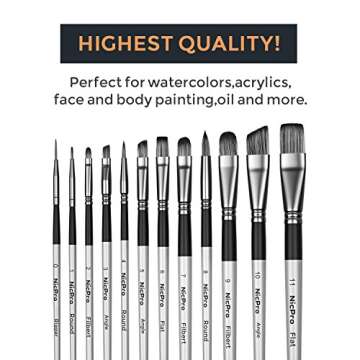 Nicpro 12 PCS Acrylic Paint Brushes Adult Art Paint Brush Set for Watercolor Oil Gouache Face Body Craft Miniatures Painting,Paintbrushes