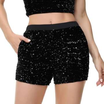 Anna-Kaci Women's Sparkly Sequin Shorts Elastic Waist Glitter Straight Leg Party Shorts with Pockets, Black, Small