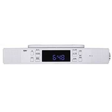 Tyler Bluetooth Under The Cabinet Universal Wireless Music System, Kitchen Clock Radio, FM Radio, Digital Clock, Hands Free Speakerphone with Microphone, LED Work Surface Lighting, White (TKS1WH)