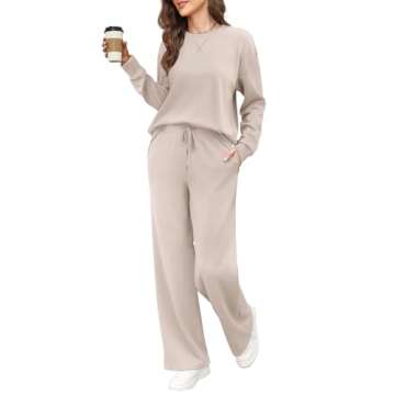 Saloogoe 2 Piece Outfits for Women Lounge Wear Sets Travel Crew Neck Sweatshirts Tracksuits Long Sleeve Pullover Tops Wide Leg Pants Khaki S