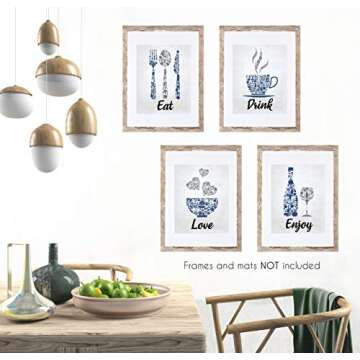 Blue Navy Cobalt Grey White Mosaic Vintage Inspirational Kitchen Restaurant Cafe Bar Wall Art Decorations Eat Drink Love Wine Coffee Hearts Prints Posters Signs Sets Rustic Farmhouse Country Home