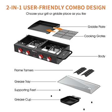 Royal Gourmet GD4002T 4-Burner Tailgater Grill Griddle Combo, Portable Propane Gas Grill and Griddle Combo for Backyard or Outdoor BBQ Cooking, 40,000 BTUs, Black