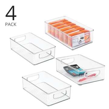 mDesign Small Plastic Office Storage Container Bins w/Handles for Organization in Filing Cabinet, Closet Shelf, Desk Drawers, Organizer for Notes, Pens, Pencils - Ligne Collection, 4 Pack - Clear