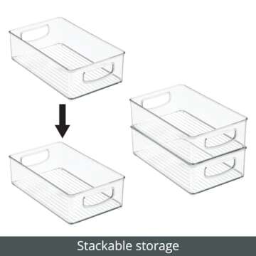 mDesign Small Plastic Office Storage Container Bins w/Handles for Organization in Filing Cabinet, Closet Shelf, Desk Drawers, Organizer for Notes, Pens, Pencils - Ligne Collection, 4 Pack - Clear