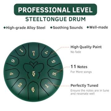 11 Notes 6 Inch Rain Drum for Outside Garden Steel Tongue Drum, Musical Education Entertainment Meditation Yoga Zen Gifts with Travel Bag, Music Book, Drumsticks, Holder and Finger Paddles (Malachite)