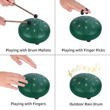 11 Notes 6 Inch Rain Drum for Outside Garden Steel Tongue Drum, Musical Education Entertainment Meditation Yoga Zen Gifts with Travel Bag, Music Book, Drumsticks, Holder and Finger Paddles (Malachite)