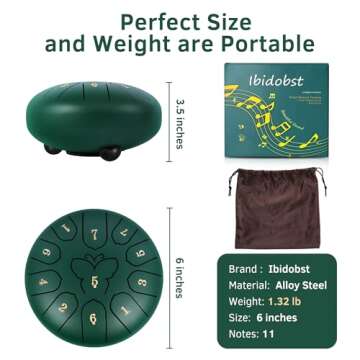 11 Notes 6 Inch Rain Drum for Outside Garden Steel Tongue Drum, Musical Education Entertainment Meditation Yoga Zen Gifts with Travel Bag, Music Book, Drumsticks, Holder and Finger Paddles (Malachite)