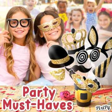 Premium Birthday Photo Booth Props Kit, 16 Black & Gold (No Glitter), Durable & Easy-to-Use Photobooth Props Signs for Memorable Photos & Unforgettable Celebrations by PixiPy