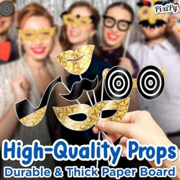 Premium Birthday Photo Booth Props Kit, 16 Black & Gold (No Glitter), Durable & Easy-to-Use Photobooth Props Signs for Memorable Photos & Unforgettable Celebrations by PixiPy