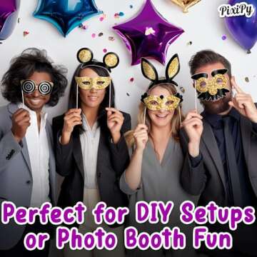 Premium Birthday Photo Booth Props Kit, 16 Black & Gold (No Glitter), Durable & Easy-to-Use Photobooth Props Signs for Memorable Photos & Unforgettable Celebrations by PixiPy