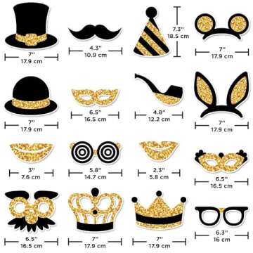 Premium Birthday Photo Booth Props Kit, 16 Black & Gold (No Glitter), Durable & Easy-to-Use Photobooth Props Signs for Memorable Photos & Unforgettable Celebrations by PixiPy