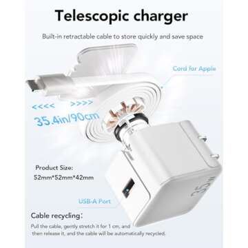 Retractable Wall Charger,35W PD Fast USB Charger Block with Retractable Lightening Cables for iPhone,Portable Charger Adapter with Foldable Plug for iPhone14/13/12,iPad,Air-Pods