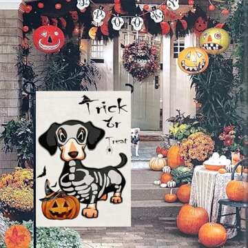 Halloween Trick or Treat Garden Flags 12x18 Double Sided, Ghost Dog Yard Flag for Outside Decor, Holiday Dachshund Skeleton Outdoor Decorations for Home